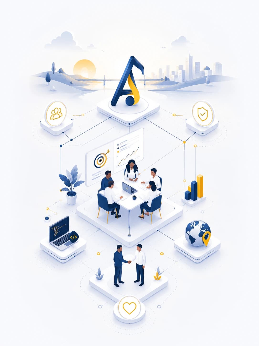 Isometric illustration of an Ariose engagement — a team around a table with the Ariose mark above them, ringed by plinths for people, security, code, reach, and care.