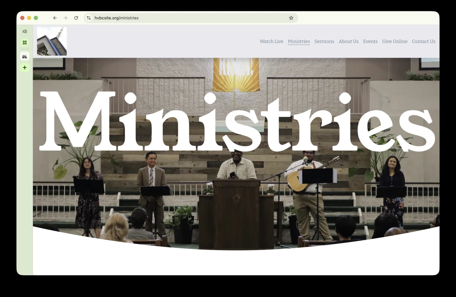 The HVBC Church Ministries page in a browser, showing the worship team on stage.