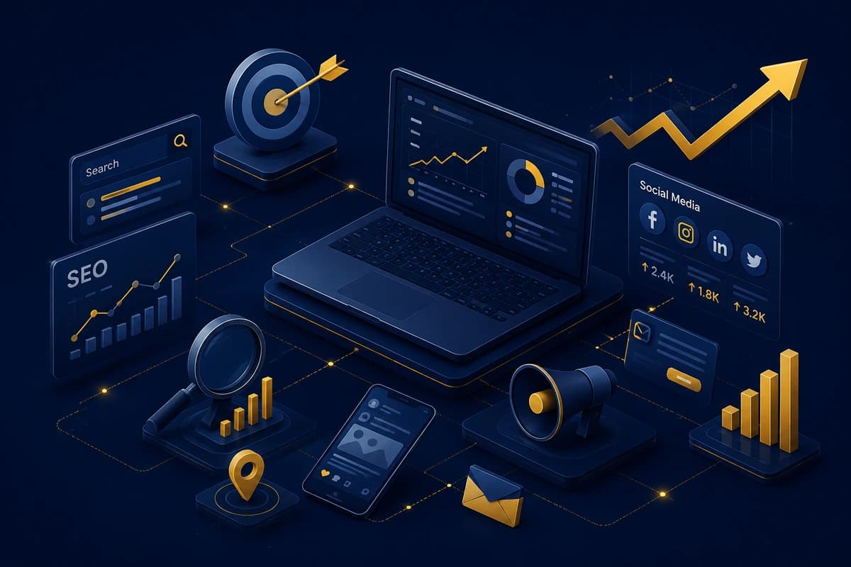 Isometric illustration: a laptop of analytics ringed by search, social, email, and location icons under a rising trend arrow.