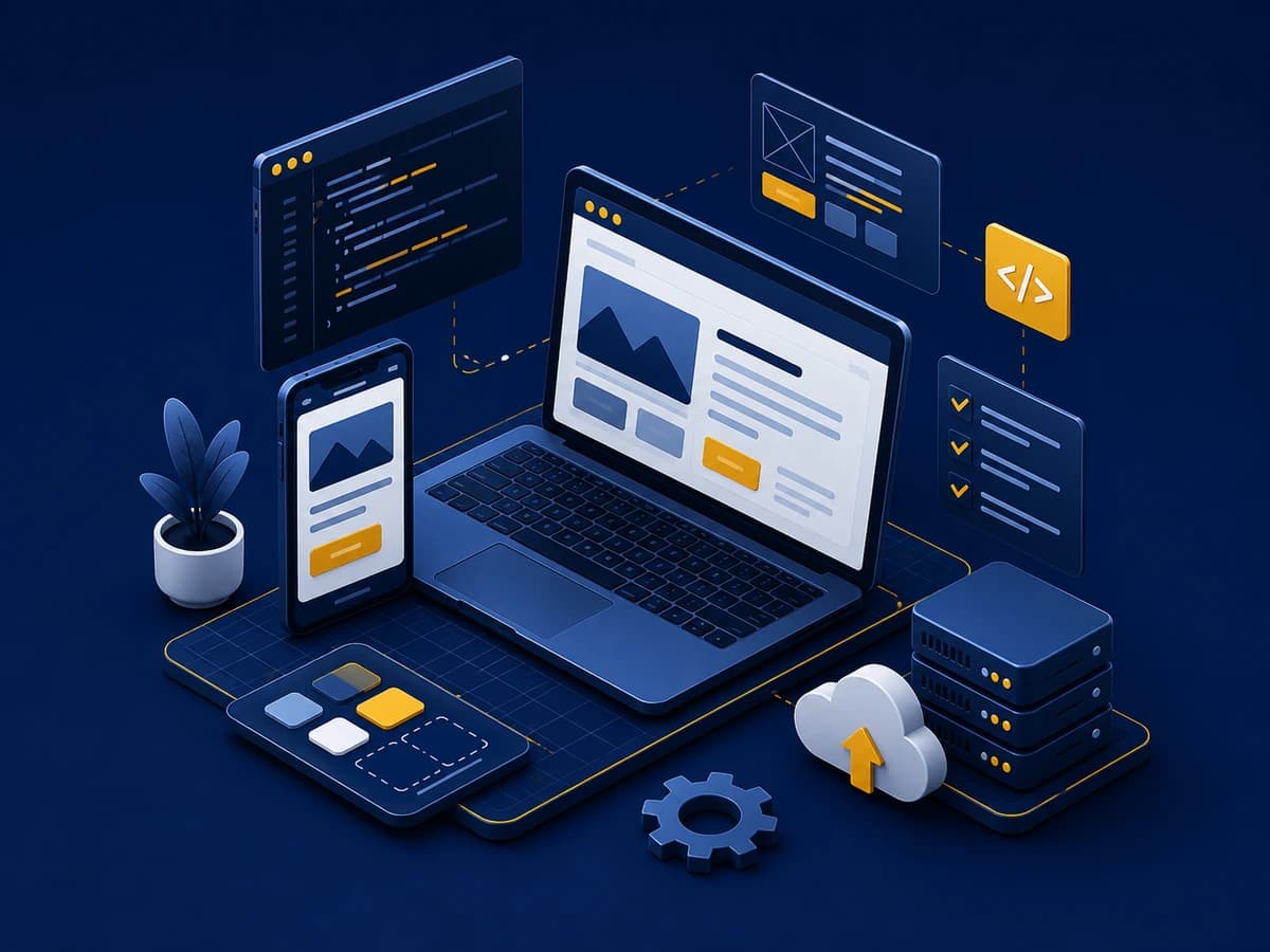 Isometric illustration: laptop, phone, and browser windows wired together with code and deployment icons.