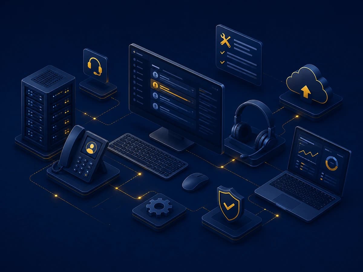 Isometric illustration: a monitor, server rack, desk phone, headset, and cloud wired into one supported estate.