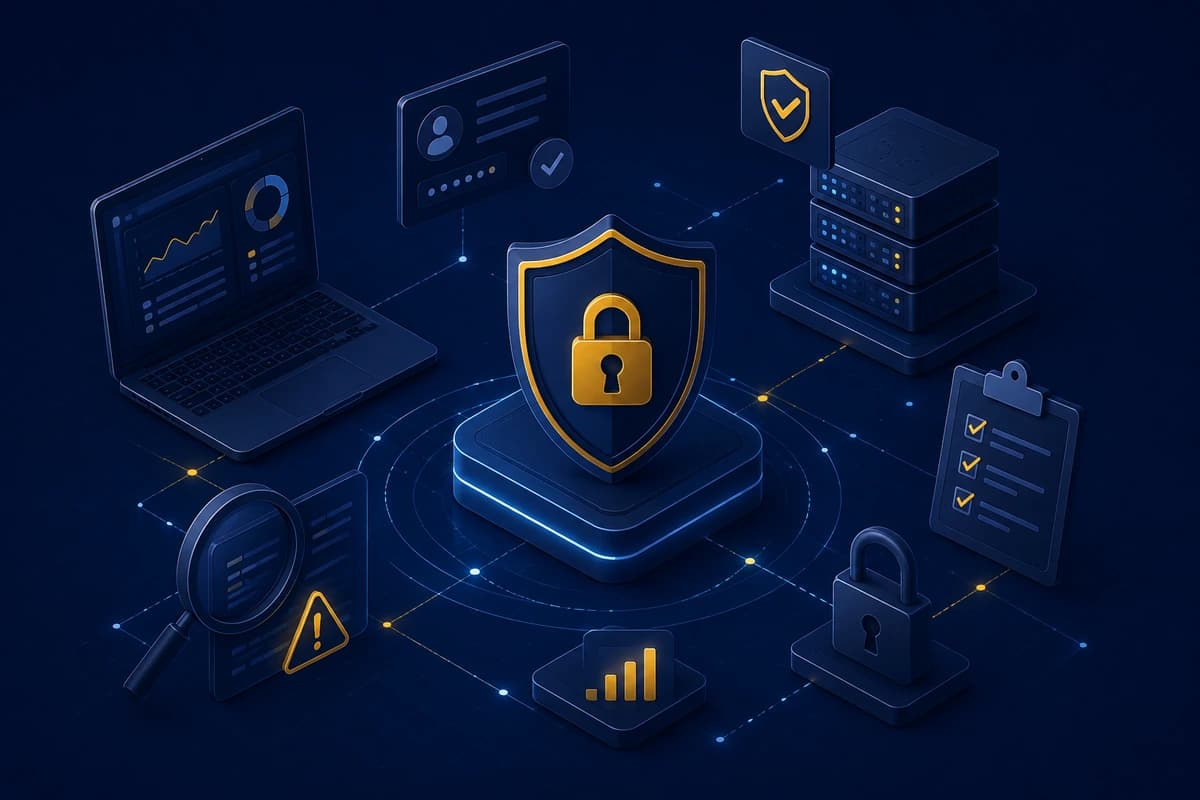 Isometric illustration: a shield and padlock on a lit plinth, ringed by a laptop, servers, an audit checklist, and an alert.
